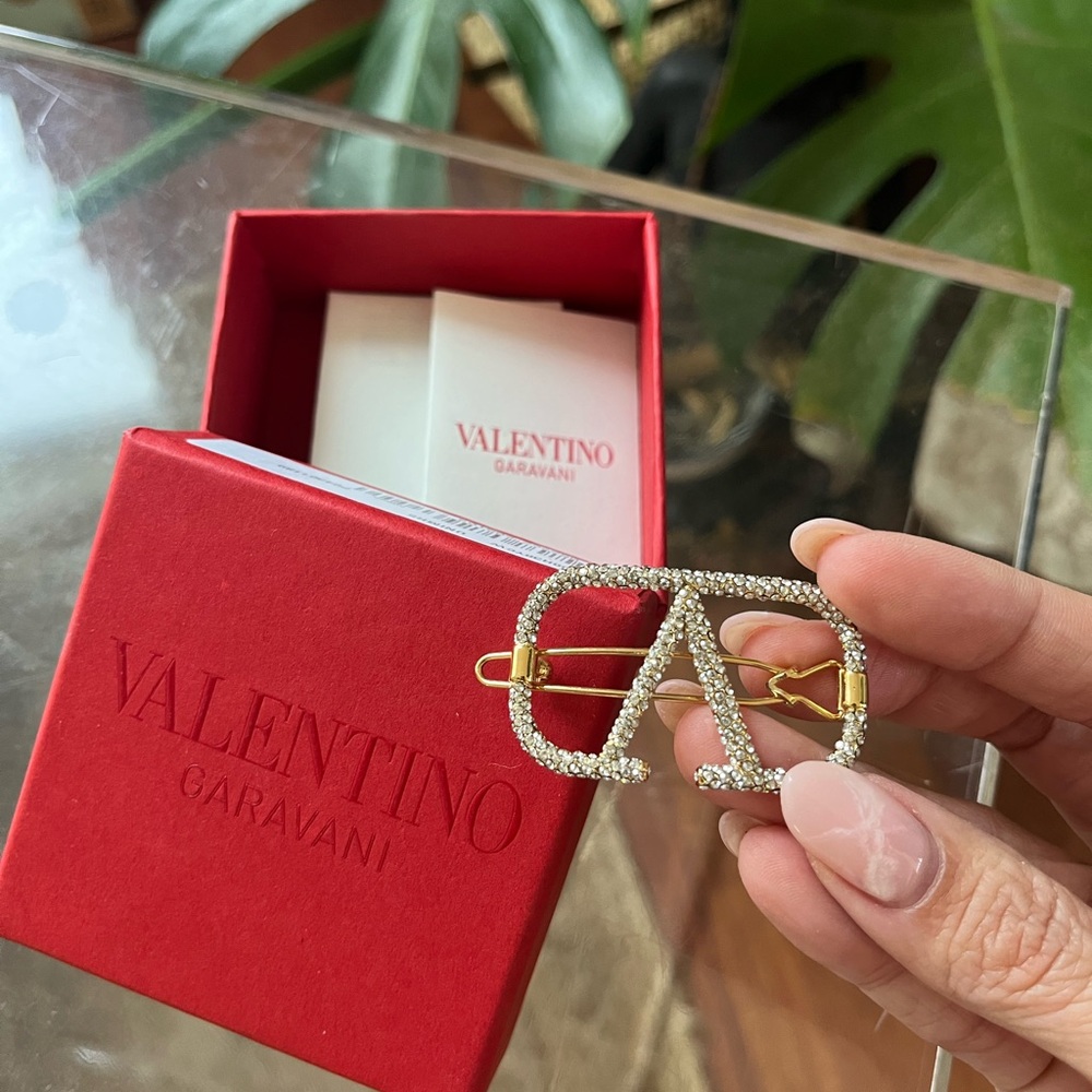 VALENTINO Garavani Crystal Logo hair barrette.